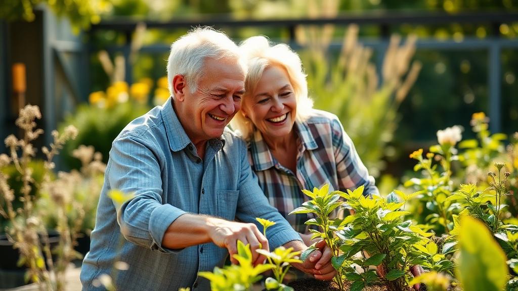Retired couple enjoying gardening together